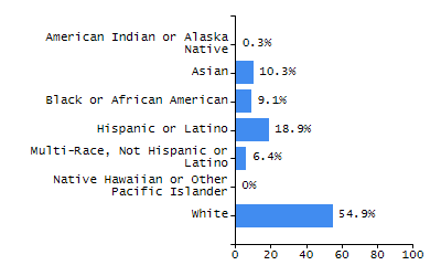 Bar chart showing student race and ethnicity percentages. White: 71.4%, Native Hawaiian or Other Pacific Islander: 0.5%, Multi-Race, Not Hispanic or Latino: 10.5%, Hispanic or Latino: 6.1%, Black or African American: 0.3%, Asian: 11.2%, American Indian or Alaska Native: 0%.