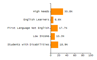 Bar chart showing selected student populations. High Needs: 45.9%, Low Income: 31.5%, Students with Disabilities: 19.8%, First Language Not English: 19%, English Learners: 6.5%.