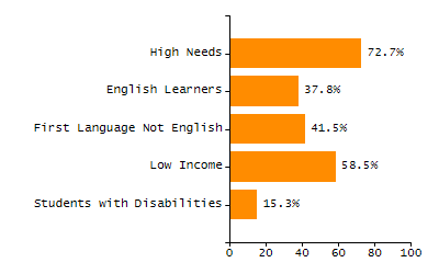 Bar chart showing selected student populations. High Needs: 45.9%, Low Income: 31.5%, Students with Disabilities: 19.8%, First Language Not English: 19%, English Learners: 6.5%.