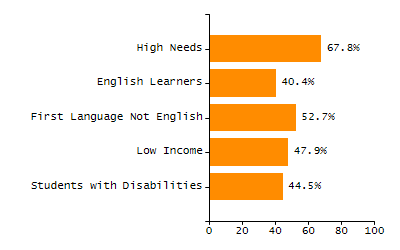 Bar chart showing selected student populations. High Needs: 45.9%, Low Income: 31.5%, Students with Disabilities: 19.8%, First Language Not English: 19%, English Learners: 6.5%.