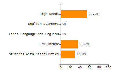 Bar chart showing selected student populations. Students with Disabilities: 16.6%, Low Income: 20.5%, First Language Not English: 10.2%, English Learners: 4.1%, High Needs: 31.8%.