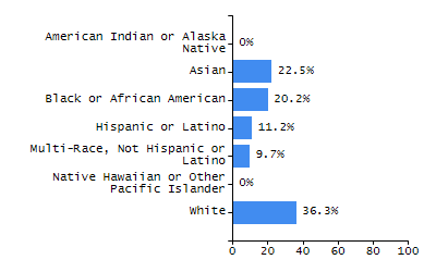Bar chart showing selected student populations. Students with Disabilities: 11.9%, Low Income: 9.1%, First Language Not English: 8.4%, English Learners: 2.1%, High Needs: 20.3%.