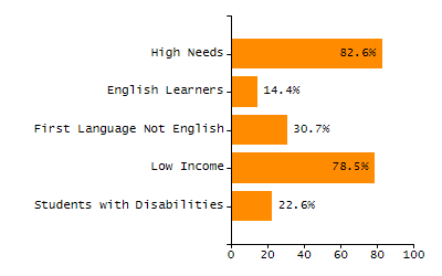 Bar chart showing student race and ethnicity percentages. White: 41.4%, Native Hawaiian or Other Pacific Islander: 0.2%, Multi-Race, Not Hispanic or Latino: 7.4%, Hispanic or Latino: 25.7%, Black or African American: 12.3%, Asian: 12.8%, American Indian or Alaska Native: 0.2%.