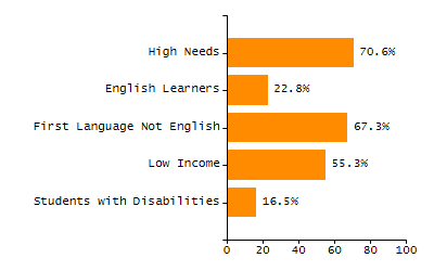 Bar chart showing selected student populations. Students with Disabilities: 15.6%, Low Income: 18.3%, First Language Not English: 17.4%, English Learners: 3.7%, High Needs: 31.9%.