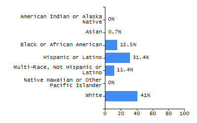 Bar chart showing student race and ethnicity percentages. White: 2.4%, Native Hawaiian or Other Pacific Islander: 0%, Multi-Race, Not Hispanic or Latino: 6.5%, Hispanic or Latino: 70.4%, Black or African American: 20%, Asian: 0.6%, American Indian or Alaska Native: 0.2%.