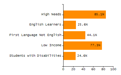 Bar chart showing student race and ethnicity percentages. White: 68.1%, Native Hawaiian or Other Pacific Islander: 0.4%, Multi-Race, Not Hispanic or Latino: 5.8%, Hispanic or Latino: 17.3%, Black or African American: 6.2%, Asian: 2.2%, American Indian or Alaska Native: 0%.