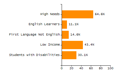 Bar chart showing student race and ethnicity percentages. White: 65.3%, Native Hawaiian or Other Pacific Islander: 0%, Multi-Race, Not Hispanic or Latino: 8.8%, Hispanic or Latino: 8.4%, Black or African American: 1.6%, Asian: 15.9%, American Indian or Alaska Native: 0%.
