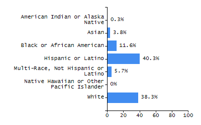 Bar chart showing student race and ethnicity percentages. White: 36.3%, Native Hawaiian or Other Pacific Islander: 0%, Multi-Race, Not Hispanic or Latino: 6.5%, Hispanic or Latino: 32.3%, Black or African American: 15.7%, Asian: 9.3%, American Indian or Alaska Native: 0%.
