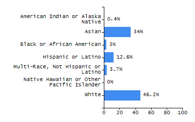 Bar chart showing student race and ethnicity percentages. White: 81.3%, Native Hawaiian or Other Pacific Islander: 0%, Multi-Race, Not Hispanic or Latino: 5.4%, Hispanic or Latino: 11.1%, Black or African American: 1%, Asian: 0.8%, American Indian or Alaska Native: 0.3%.