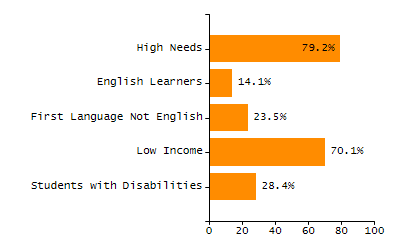 Bar chart showing selected student populations. High Needs: 45.9%, Low Income: 31.5%, Students with Disabilities: 19.8%, First Language Not English: 19%, English Learners: 6.5%.