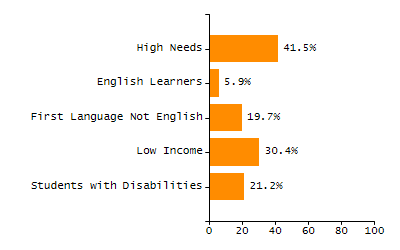 Bar chart showing student race and ethnicity percentages. White: 68.3%, Native Hawaiian or Other Pacific Islander: 0%, Multi-Race, Not Hispanic or Latino: 5.7%, Hispanic or Latino: 20.6%, Black or African American: 5.1%, Asian: 0.3%, American Indian or Alaska Native: 0%.