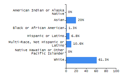 Bar chart showing student race and ethnicity percentages. White: 30.3%, Native Hawaiian or Other Pacific Islander: 0.4%, Multi-Race, Not Hispanic or Latino: 6.4%, Hispanic or Latino: 52.8%, Black or African American: 9%, Asian: 0.7%, American Indian or Alaska Native: 0.4%.