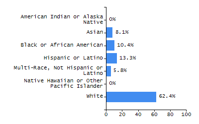 Bar chart showing student race and ethnicity percentages. White: 82.8%, Native Hawaiian or Other Pacific Islander: 0%, Multi-Race, Not Hispanic or Latino: 4.7%, Hispanic or Latino: 9.3%, Black or African American: 1.4%, Asian: 1.5%, American Indian or Alaska Native: 0.3%.