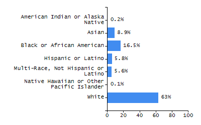 Bar chart showing student race and ethnicity percentages. White: 55%, Native Hawaiian or Other Pacific Islander: 0%, Multi-Race, Not Hispanic or Latino: 7.5%, Hispanic or Latino: 11.6%, Black or African American: 15.1%, Asian: 10.6%, American Indian or Alaska Native: 0.2%.