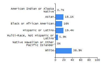 Bar chart showing selected student populations. Students with Disabilities: 18.1%, Low Income: 58.8%, First Language Not English: 3.8%, English Learners: 2.7%, High Needs: 63.7%.