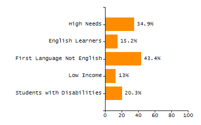 Bar chart showing selected student populations. High Needs: 45.9%, Low Income: 31.5%, Students with Disabilities: 19.8%, First Language Not English: 19%, English Learners: 6.5%.