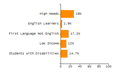 Bar chart showing selected student populations. High Needs: 45.9%, Low Income: 31.5%, Students with Disabilities: 19.8%, First Language Not English: 19%, English Learners: 6.5%.