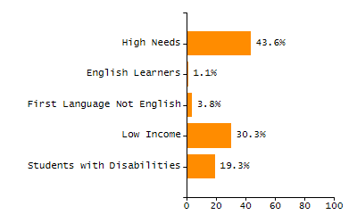 Bar chart showing student race and ethnicity percentages. White: 45.9%, Native Hawaiian or Other Pacific Islander: 0%, Multi-Race, Not Hispanic or Latino: 5.1%, Hispanic or Latino: 11.2%, Black or African American: 4.7%, Asian: 32.6%, American Indian or Alaska Native: 0.5%.