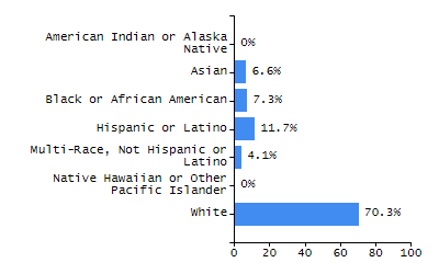 Bar chart showing student race and ethnicity percentages. White: 50.6%, Native Hawaiian or Other Pacific Islander: 0.3%, Multi-Race, Not Hispanic or Latino: 8.1%, Hispanic or Latino: 25.2%, Black or African American: 9.4%, Asian: 6.2%, American Indian or Alaska Native: 0.2%.
