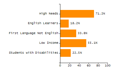 Bar chart showing selected student populations. High Needs: 45.9%, Low Income: 31.5%, Students with Disabilities: 19.8%, First Language Not English: 19%, English Learners: 6.5%.