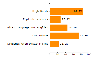Bar chart showing student race and ethnicity percentages. White: 61.6%, Native Hawaiian or Other Pacific Islander: 0%, Multi-Race, Not Hispanic or Latino: 3.9%, Hispanic or Latino: 20.7%, Black or African American: 8.6%, Asian: 5.2%, American Indian or Alaska Native: 0%.