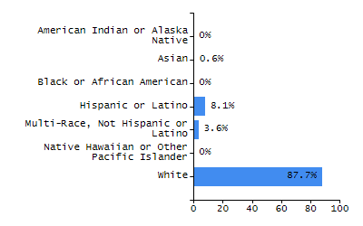 Bar chart showing student race and ethnicity percentages. White: 64.5%, Native Hawaiian or Other Pacific Islander: 0%, Multi-Race, Not Hispanic or Latino: 5.8%, Hispanic or Latino: 11.8%, Black or African American: 6.3%, Asian: 11.5%, American Indian or Alaska Native: 0.1%.