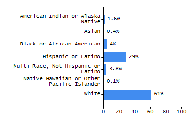 Bar chart showing student race and ethnicity percentages. White: 2.4%, Native Hawaiian or Other Pacific Islander: 0%, Multi-Race, Not Hispanic or Latino: 0%, Hispanic or Latino: 94.8%, Black or African American: 1.6%, Asian: 1.2%, American Indian or Alaska Native: 0%.
