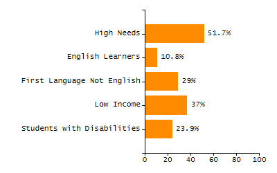 Bar chart showing student race and ethnicity percentages. White: 95.4%, Native Hawaiian or Other Pacific Islander: 0%, Multi-Race, Not Hispanic or Latino: 1.3%, Hispanic or Latino: 2.1%, Black or African American: 0.3%, Asian: 0.8%, American Indian or Alaska Native: 0%.