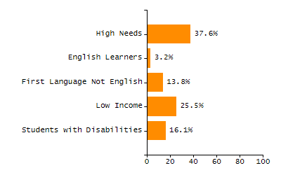 Bar chart showing selected student populations. High Needs: 45.9%, Low Income: 31.5%, Students with Disabilities: 19.8%, First Language Not English: 19%, English Learners: 6.5%.