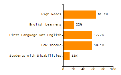Bar chart showing student race and ethnicity percentages. White: 21.3%, Native Hawaiian or Other Pacific Islander: 0.1%, Multi-Race, Not Hispanic or Latino: 4.4%, Hispanic or Latino: 31.8%, Black or African American: 22.1%, Asian: 19.4%, American Indian or Alaska Native: 0.8%.